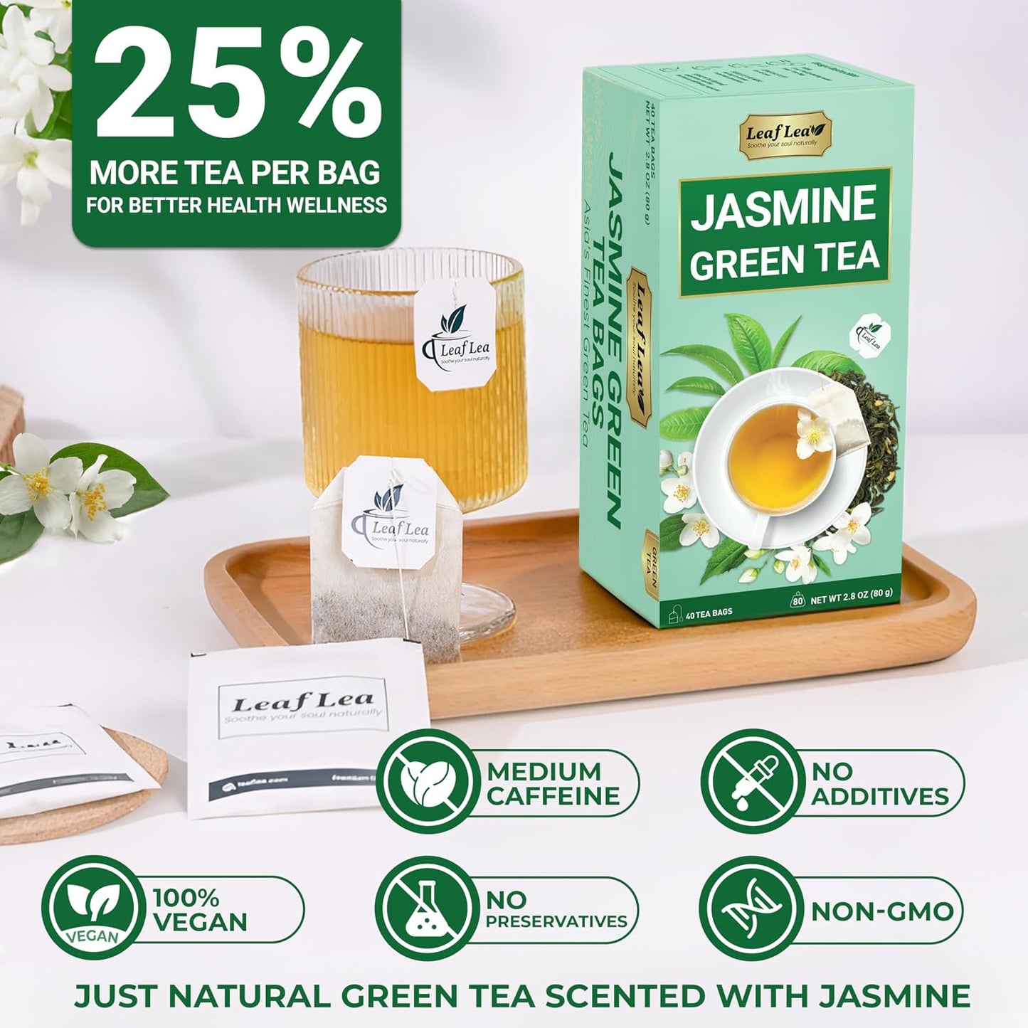 LeafLea Jasmine Green Tea Bags, Light Focus &amp; Daily Balance, 80 Count | Green Tea Naturally Scented With Jasmine, Delicate Floral Taste, Caffeinated, Sugar-Free, Vegan, Individually Wrapped