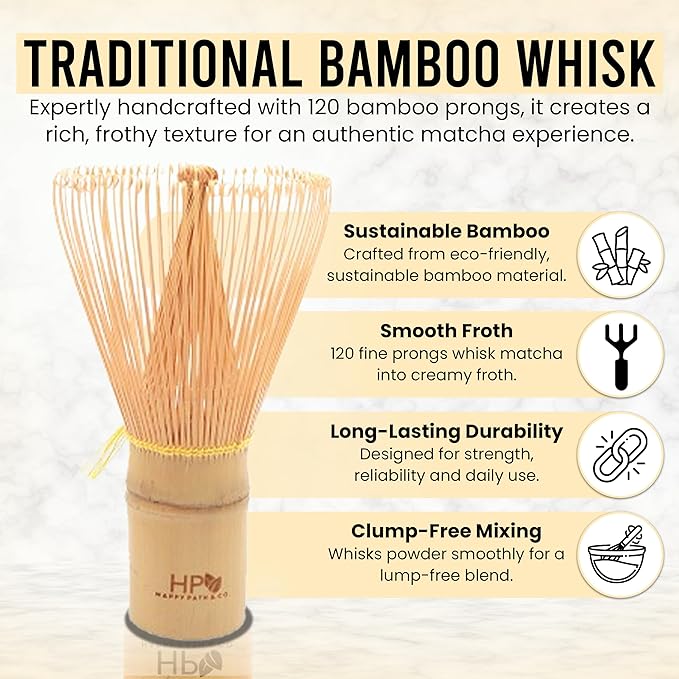 HAPPY PATH & CO Matcha Whisk Set – 6 Pcs Matcha Tea Set Includes Bamboo Whisk(Chasen) & Holder,Bowl with Spout,Sifter,Scoop & Stand | Matcha Making Kit - Perfect for Matcha Lovers(Sunny Duckling)