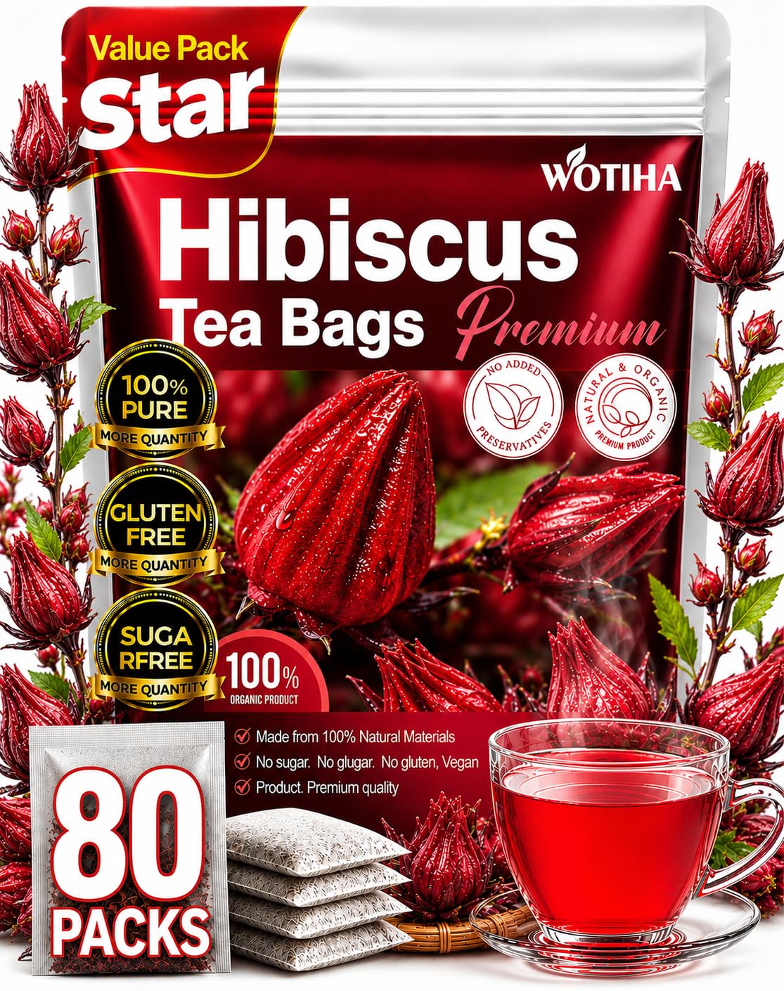 WOTIHA Premium 80 Hibiscus Flower Tea Bags (Flor de Jamaica) - 100% Natural