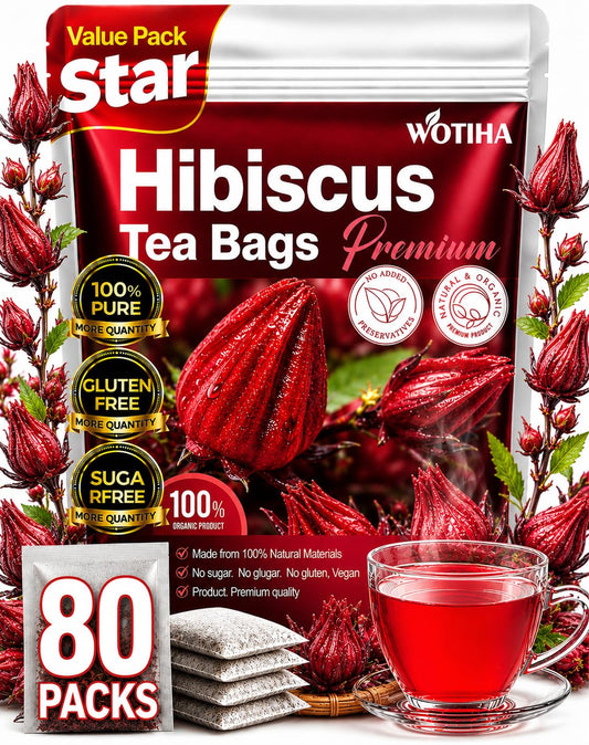 WOTIHA Premium 80 Hibiscus Flower Tea Bags (Flor de Jamaica) - 100% Natural