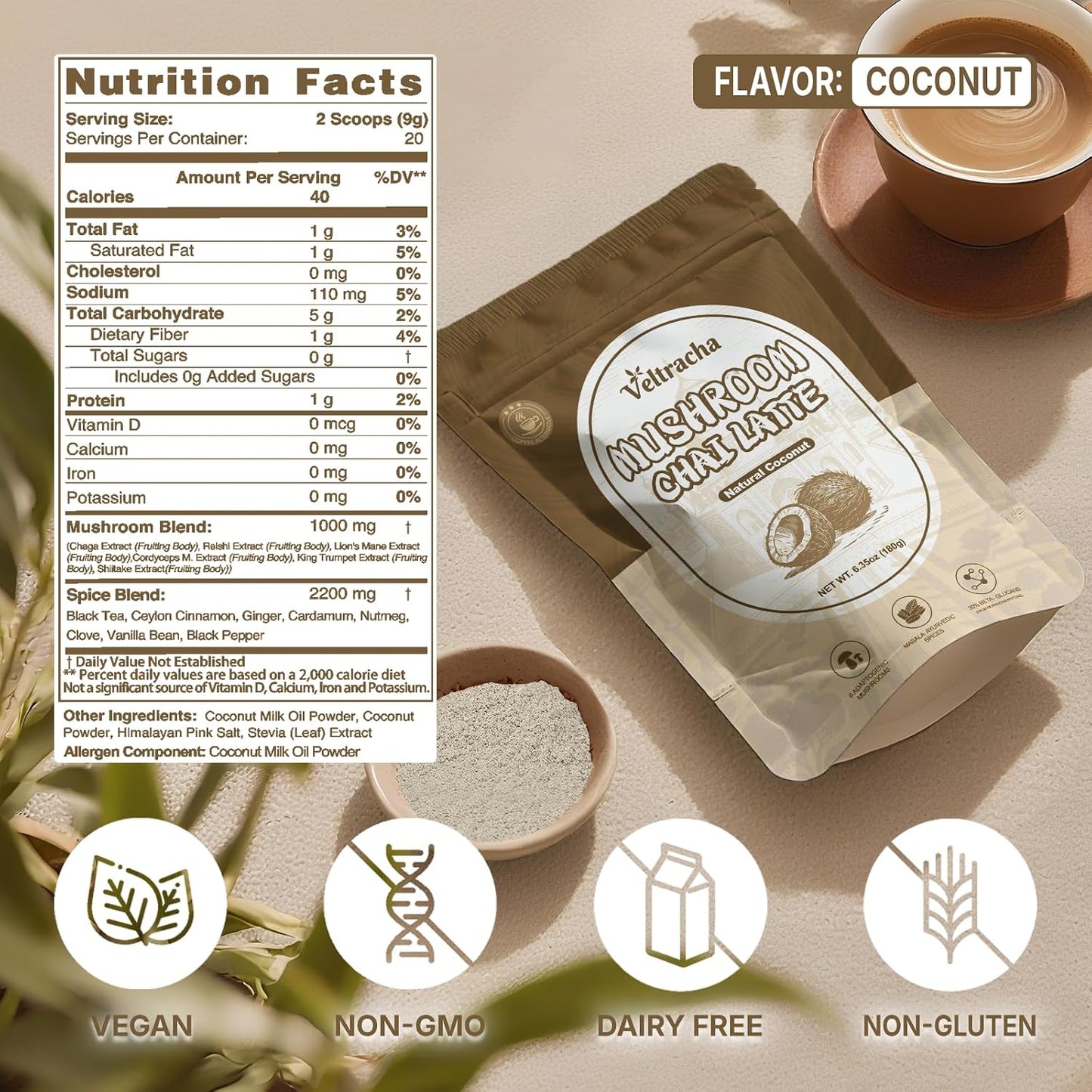 Veltracha Mushroom Chai Tea, Instant Decaf Powder, Natural Coconut | 6 Adaptogenic Mushrooms, Spiced Chai Latte, Energy &amp; Focus Support, 6.35 oz 20 Servings