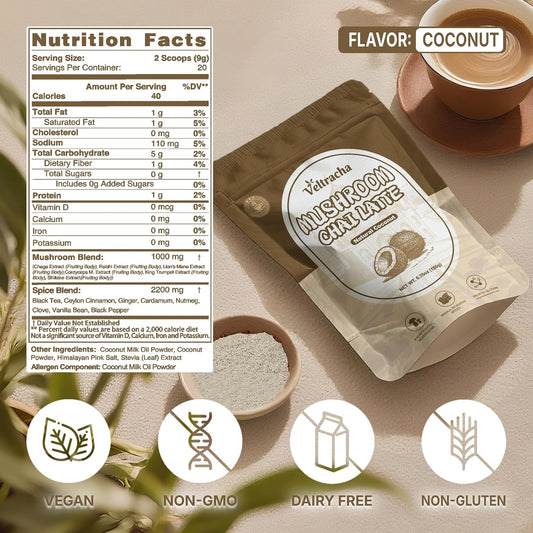 Veltracha Mushroom Chai Tea, Instant Decaf Powder, Natural Coconut | 6 Adaptogenic Mushrooms, Spiced Chai Latte, Energy &amp; Focus Support, 6.35 oz 20 Servings
