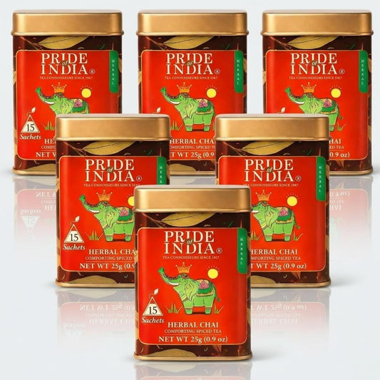 Pride of India Herbal Chai Spiced Tea – 90 Pyramid Tea Bags (6 PACK) | Individually Wrapped Warm &amp; Comforting Spice Tea with Tulsi, Cinnamon, Cardamom, Clove, Ginger &amp; Black Pepper | Caffeine Free