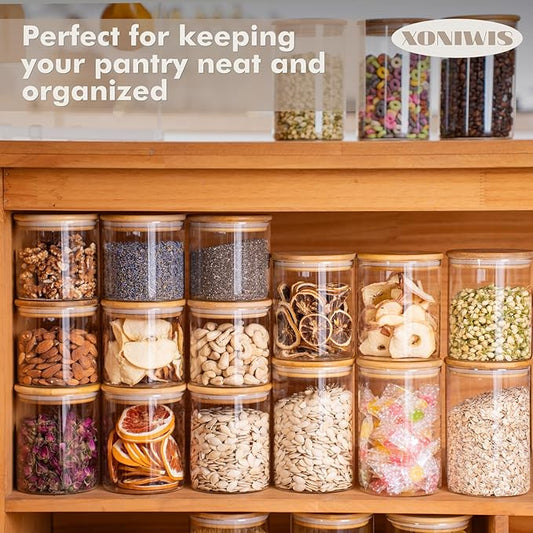20oz 6PCS Round Airtight Glass Food Storage Jars, Clear Glass Food Container with Bamboo Lid, Stackable Spice Jar, Small Kitchen Storage for Sugar, Tea, Coffee bean, Pasta, Oat, Spice
