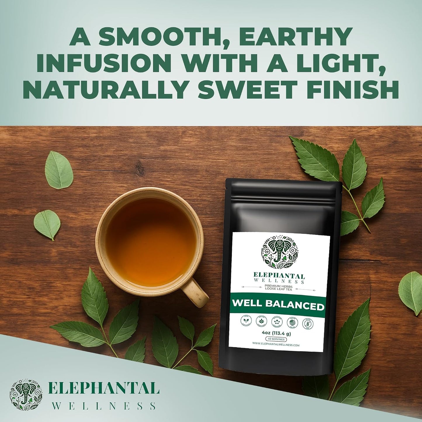 Elephantal Wellness Premium Well Balanced Herbal Tea | Healthy Cortisol, Adaptogenic Stress Energy Support with Ashwagandha, Goji, Reishi, Holy Basil &amp; Lion’s Mane, Caffeine-Free, Non-GMO, 4 oz