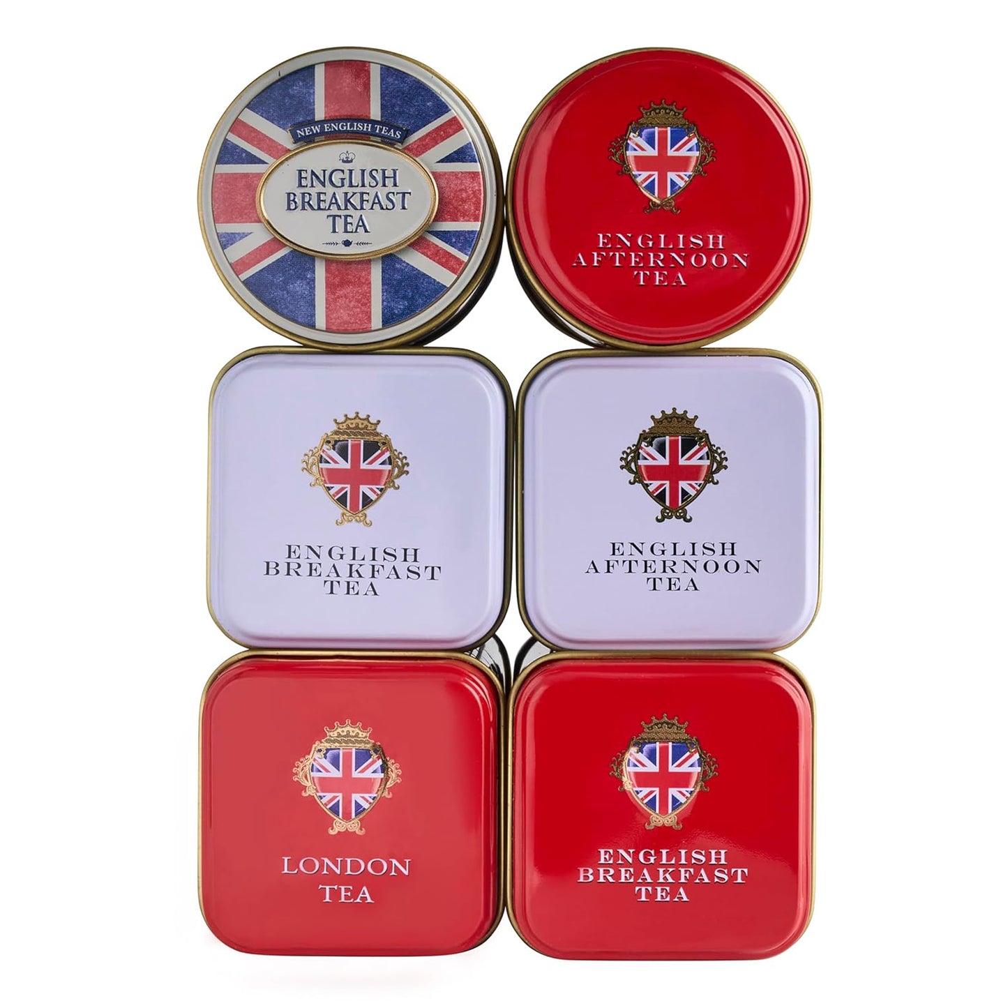 New English Teas British Icons 6x Tea Tin Gift Pack with 5 oz Loose English Tea - Union Jack, London Bus and Phone Box, UK Souvenir