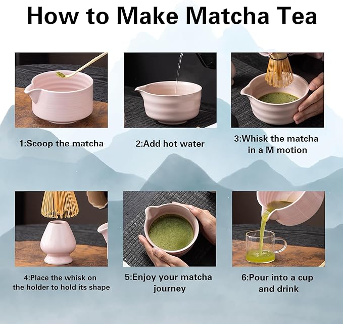 Matcha Whisk Set, 5 Pcs Matcha Kit for Matcha Lovers - Matcha Bowl with Spout, Matcha Whisk and Holder