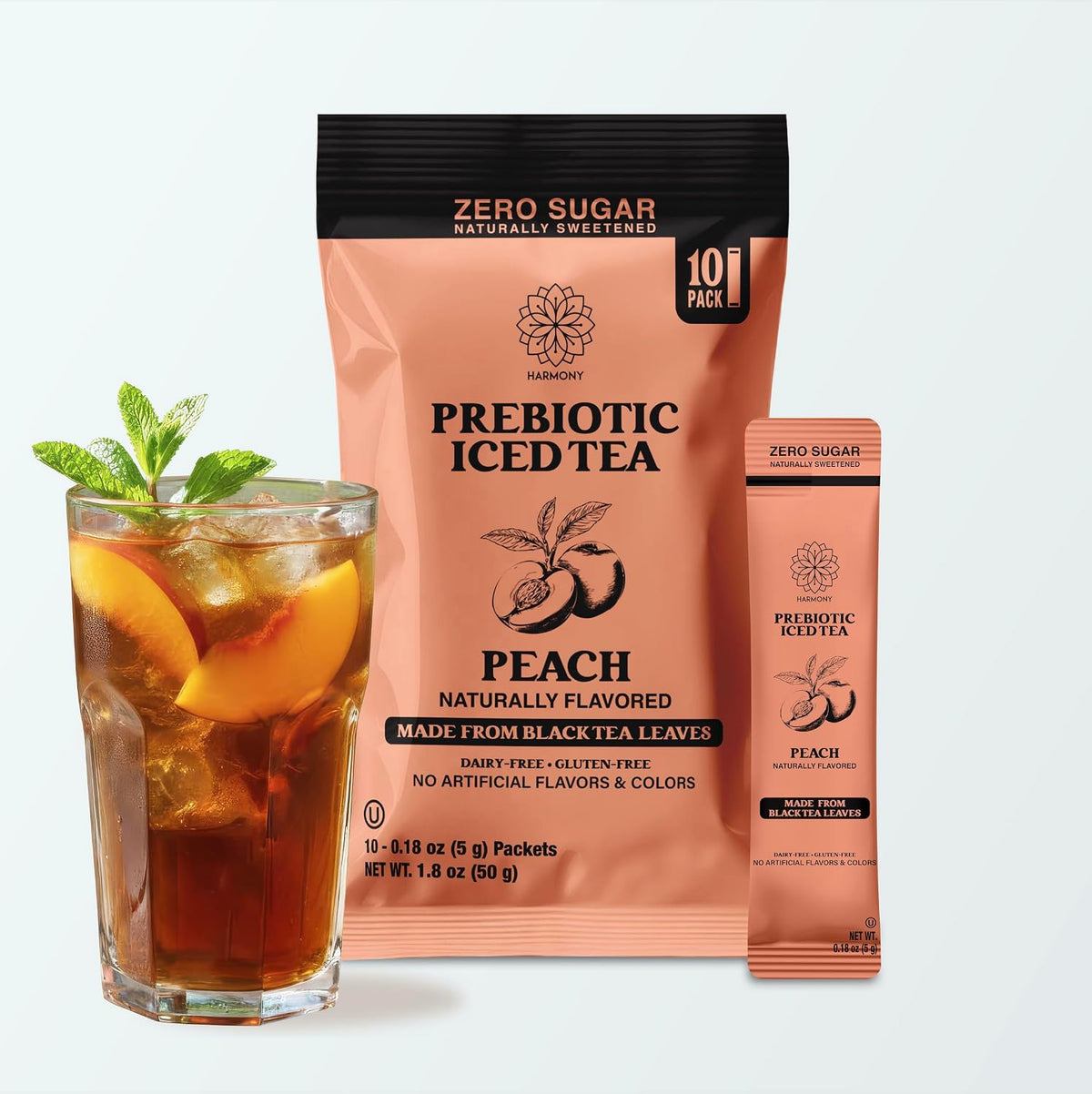Harmony Prebiotic Iced Tea Stick Packs, Peach - Zero Sugar Peach Iced Tea Drink Mix Packets with 3g Prebiotic Fiber, Caffeinated Instant Black Tea