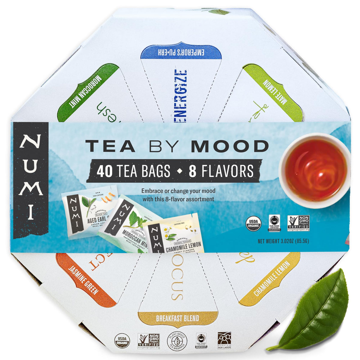 Numi Organic Tea By Mood Gift Set, 40 Tea Bag Assortment, Premium | Organic Black | Pu-erh | Green | Maté | Rooibos & Herbal