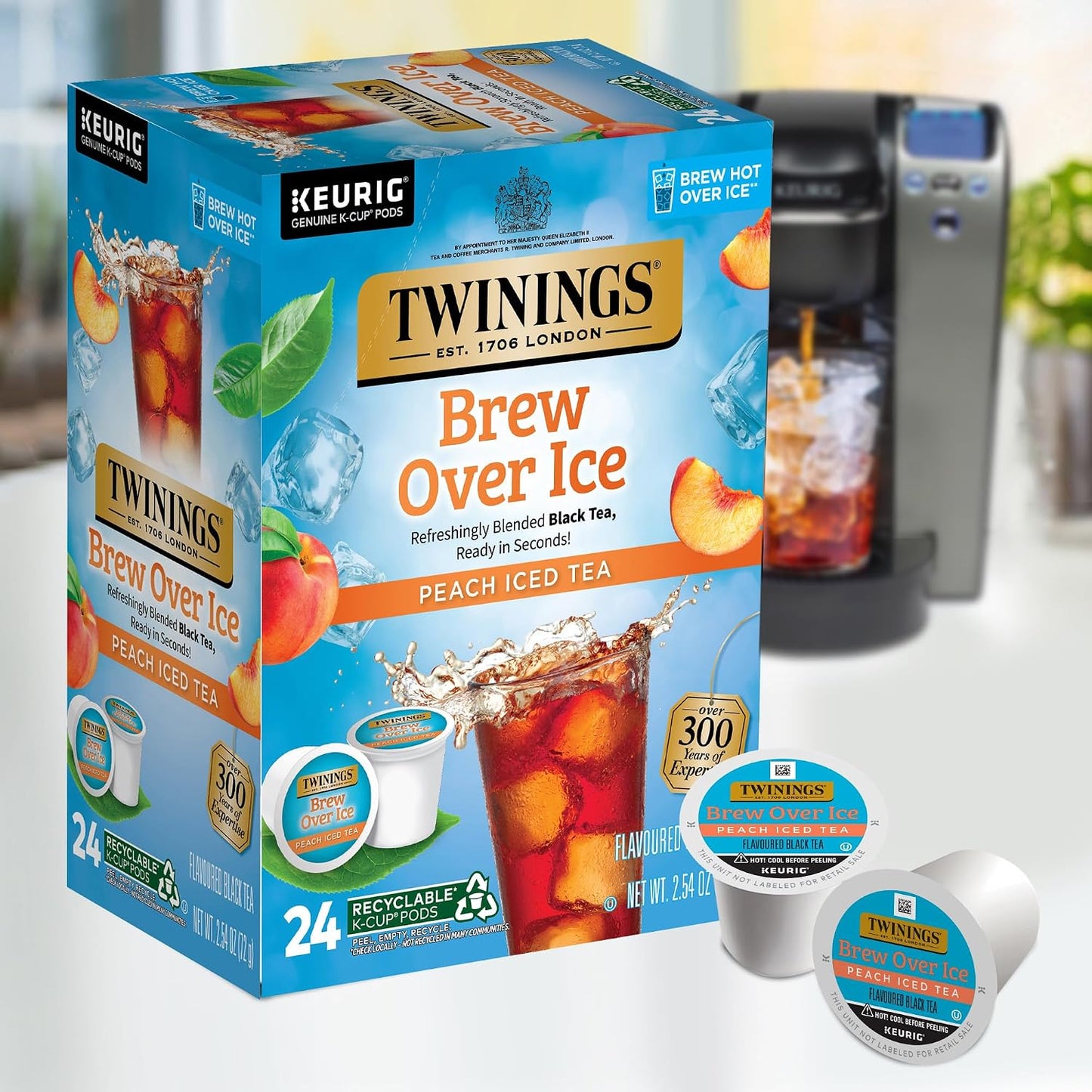Twinings Brew Over Ice Unsweetened Peach Blk Iced Tea K-Cups 24 CT (1 Pack) | Refreshing Peach Black Tea, Naturally Caffeinated, 24 Keurig K-Cup Pods for Single Serve Brewers, Fresh Iced Tea in Seconds