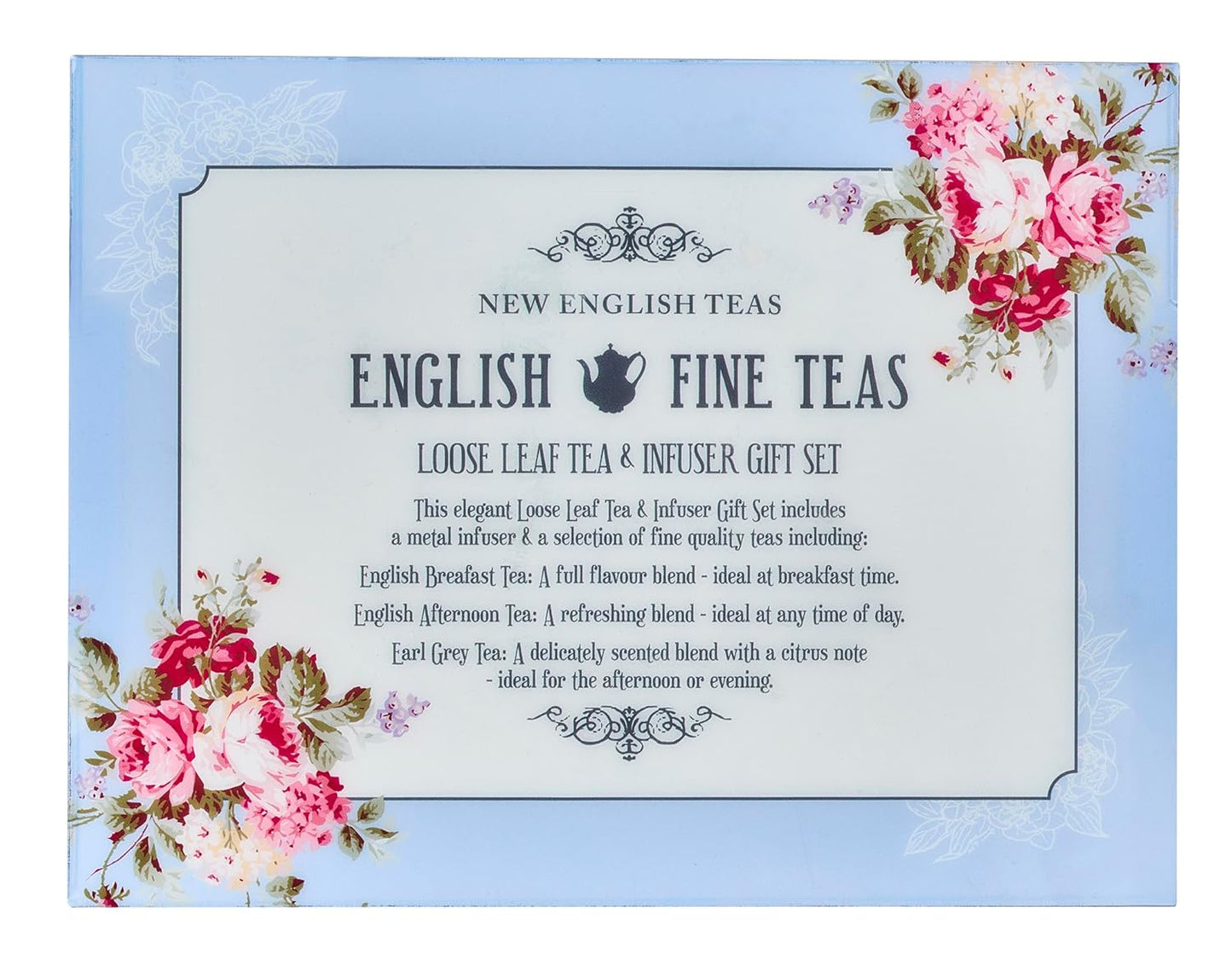 New English Teas Loose Leaf Tea & Infuser Gift Set – 3 Vintage Floral Tins with Breakfast, Earl Grey & Afternoon Blends with Loose Tea Infuser
