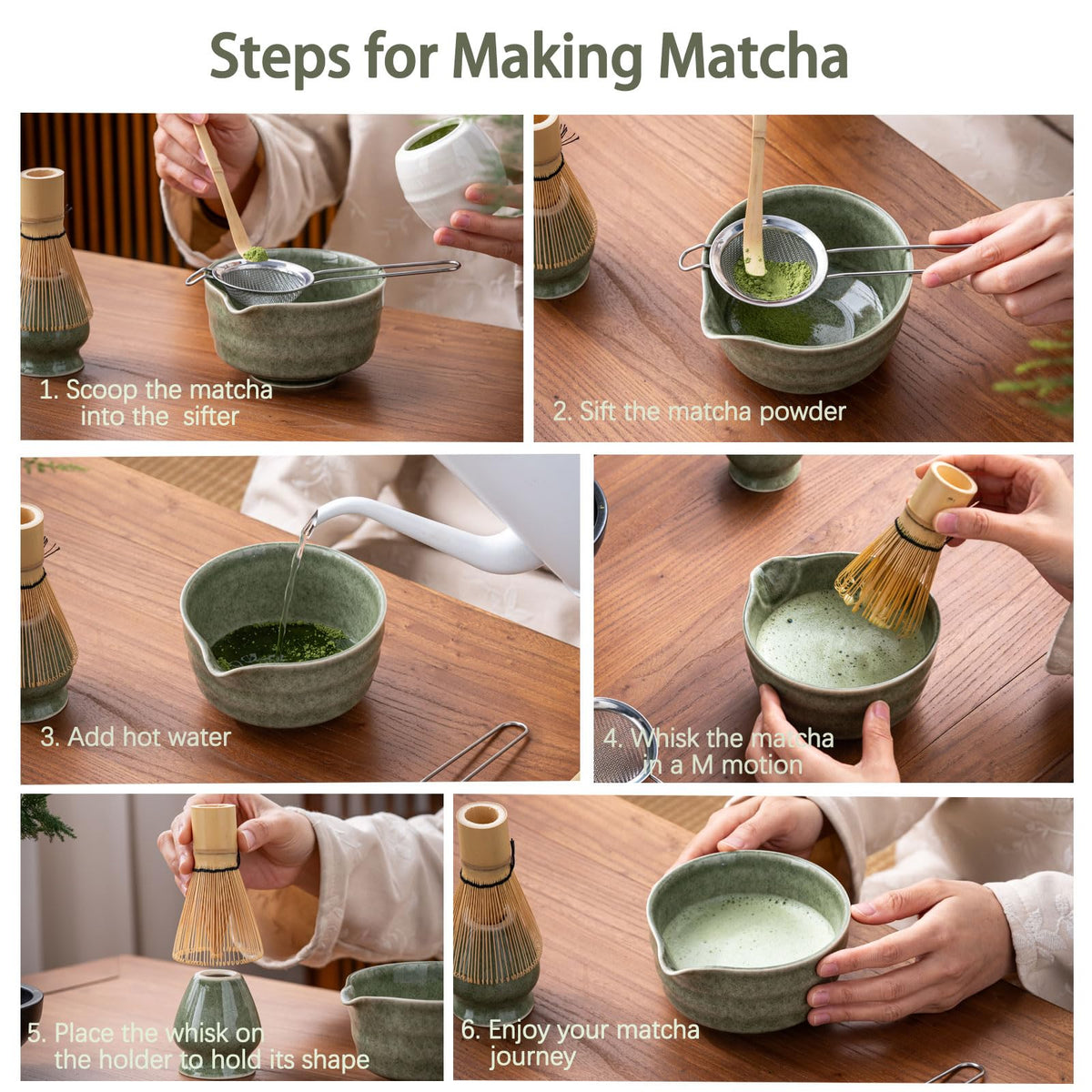 Buucup Matcha Set, Matcha Bowl with Spout, Matcha Whisk and Holder, Bamboo matcha Scoop and Stainless Sifter - 5 Pcs Jade