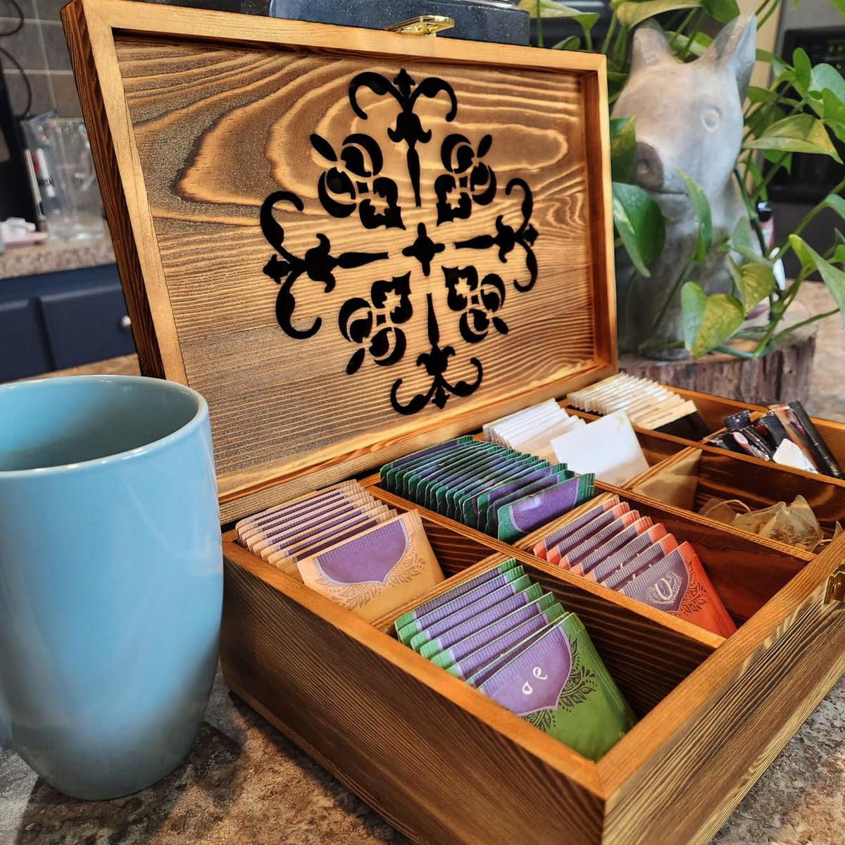 Coloch Wooden Tea Bag Storage Box with Carved Lid, 8-Compartment Tea Chest Organizer Spice Packets Container for Living Room