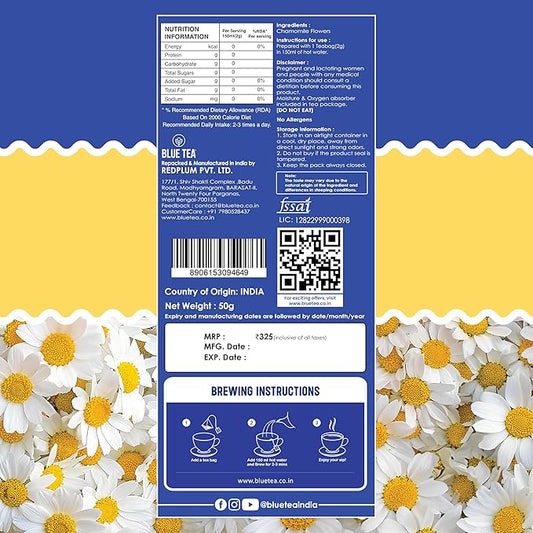 Blue TEA - Chamomile Tea For Sleep - 25 Count - Plant Based Tea Bags, Get a good Sleep, Relaxation, Stress Relief, Caffeine Free - Flower Based