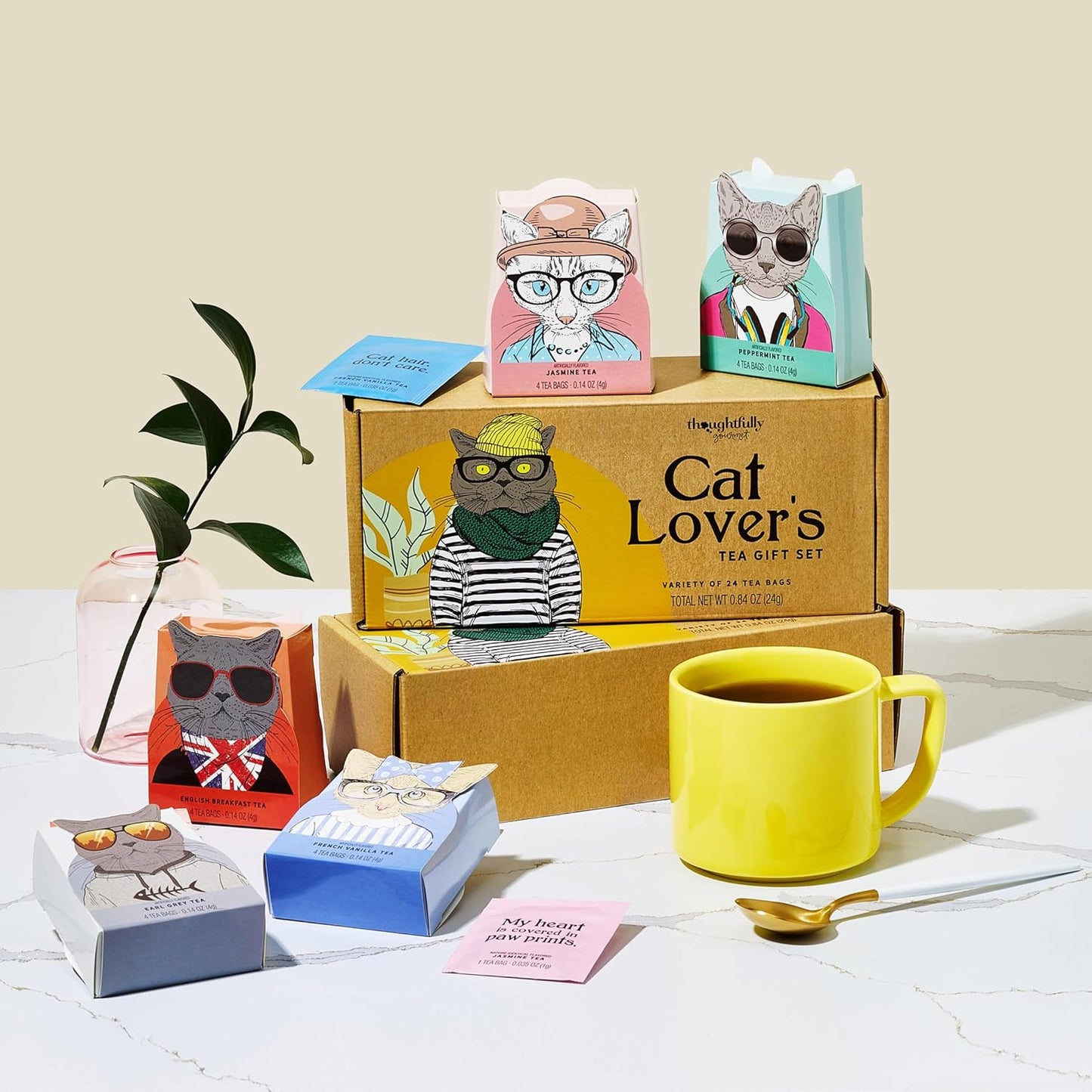 Thoughtfully Gourmet Cat Lover's Tea Gift Set: Includes 24 Teas in 6 Flavors with Stylish Cat Art and Fun Quotes for Cat Moms and Dads, Set of 24