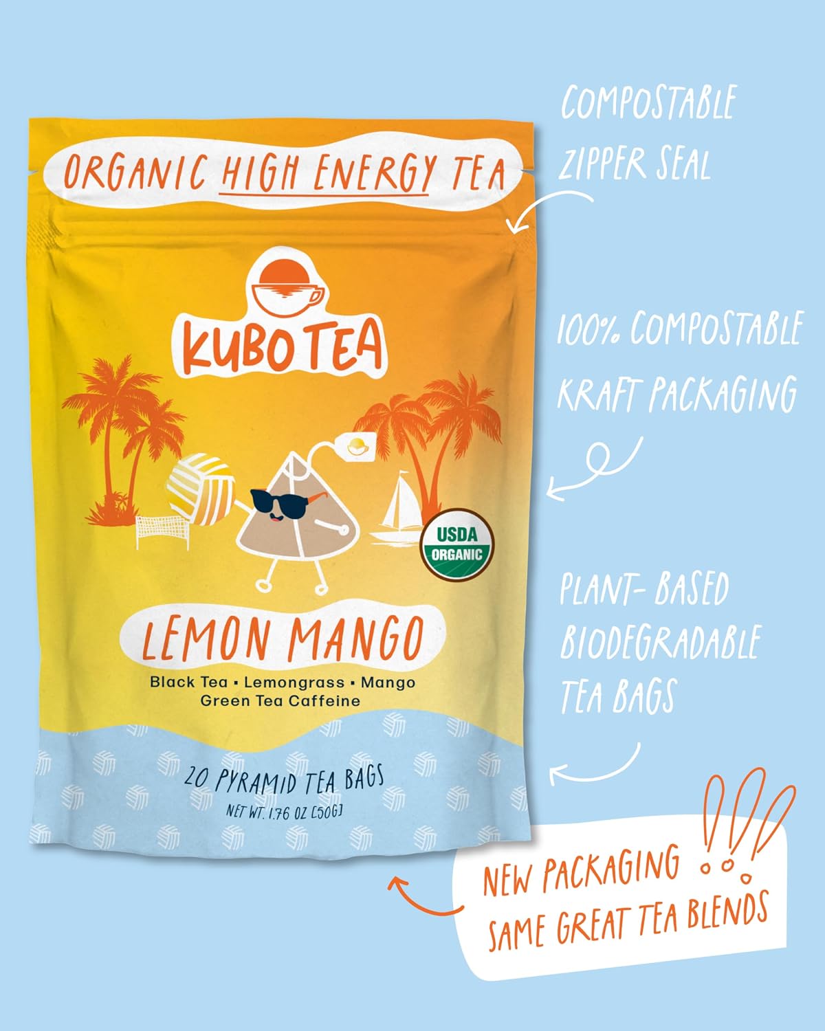 Kubo Tea High Caffeine Black Tea, Organic Lemon Mango, 20 Count | Lemongrass, Dried Mango, Organic, High Caffeine Black Tea
