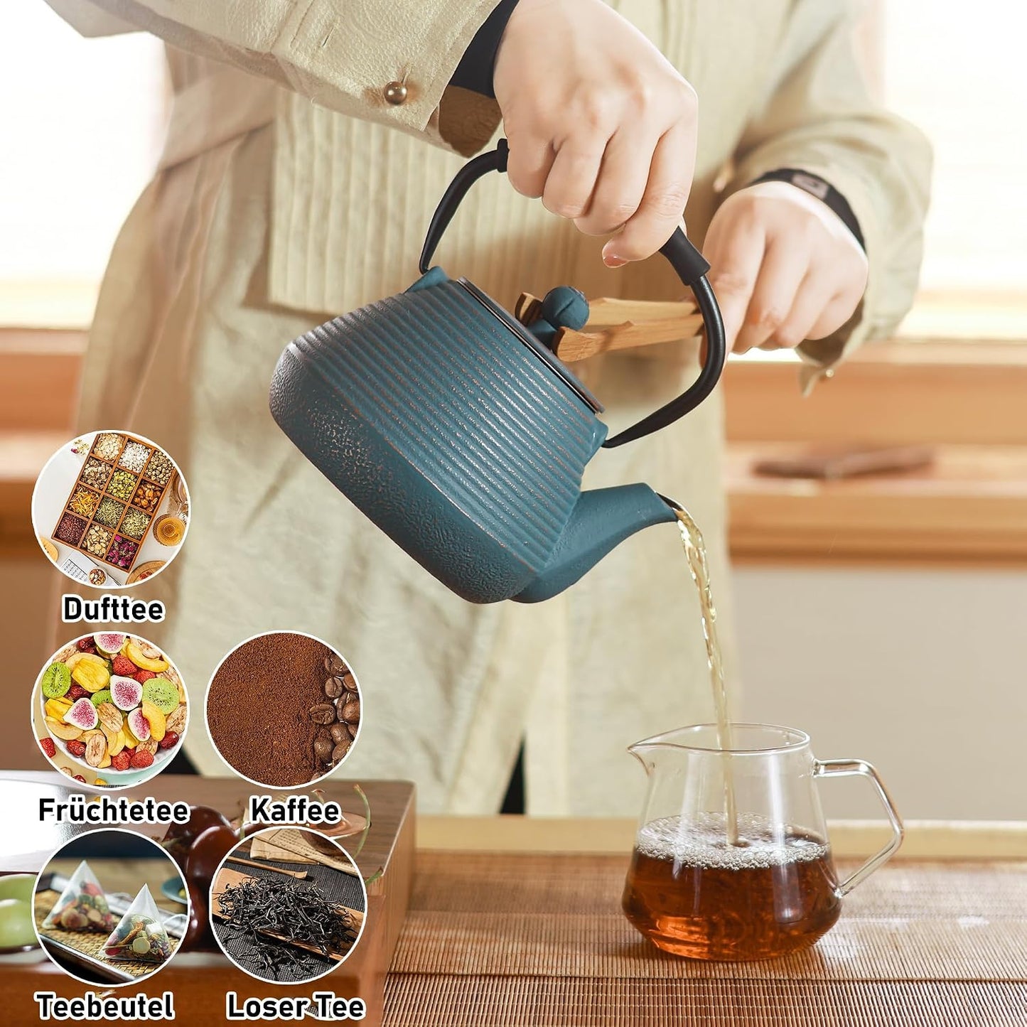 Cast Iron Teapot, 33oz Tea Kettle Stovetop Safe with Infuser for Tea &amp; Coffee, Hand made Japanese Tea Pot Coated with Enameled Interior, Silicone Handle, 950ml Blue