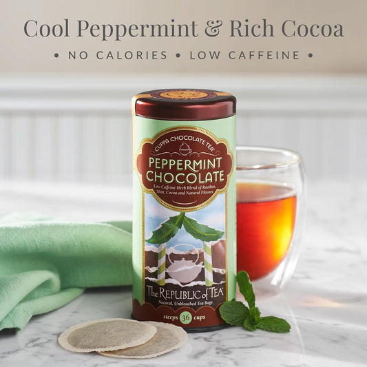 The Republic of Tea Cuppa Chocolate Peppermint Herbal Tea, 36 Count | Low Caffeine. A gentle cup for everyday sipping. Mellow rooibos with a cool finish and notes of cocoa.