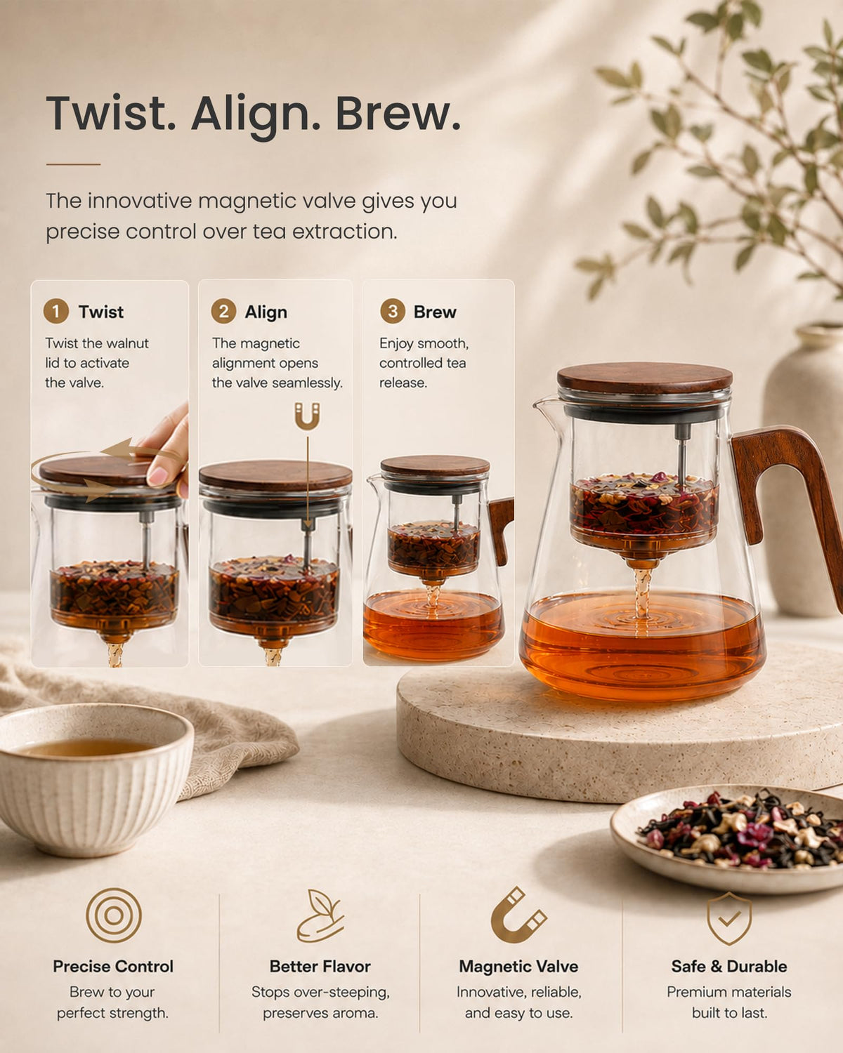 ZENS Magnetic Glass Infuser Teapot for Loose Leaf Tea, 27oz Magic Tea Pot