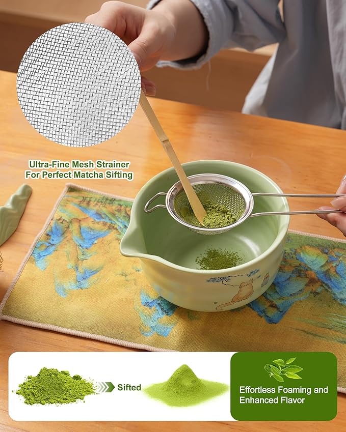 Matcha Whisk Set, Ceramic Matcha Set Includes Matcha Bowl, Matcha Whisk and Holder, Bamboo Scoop, Scoop Rest, Sifter and Tea Towel