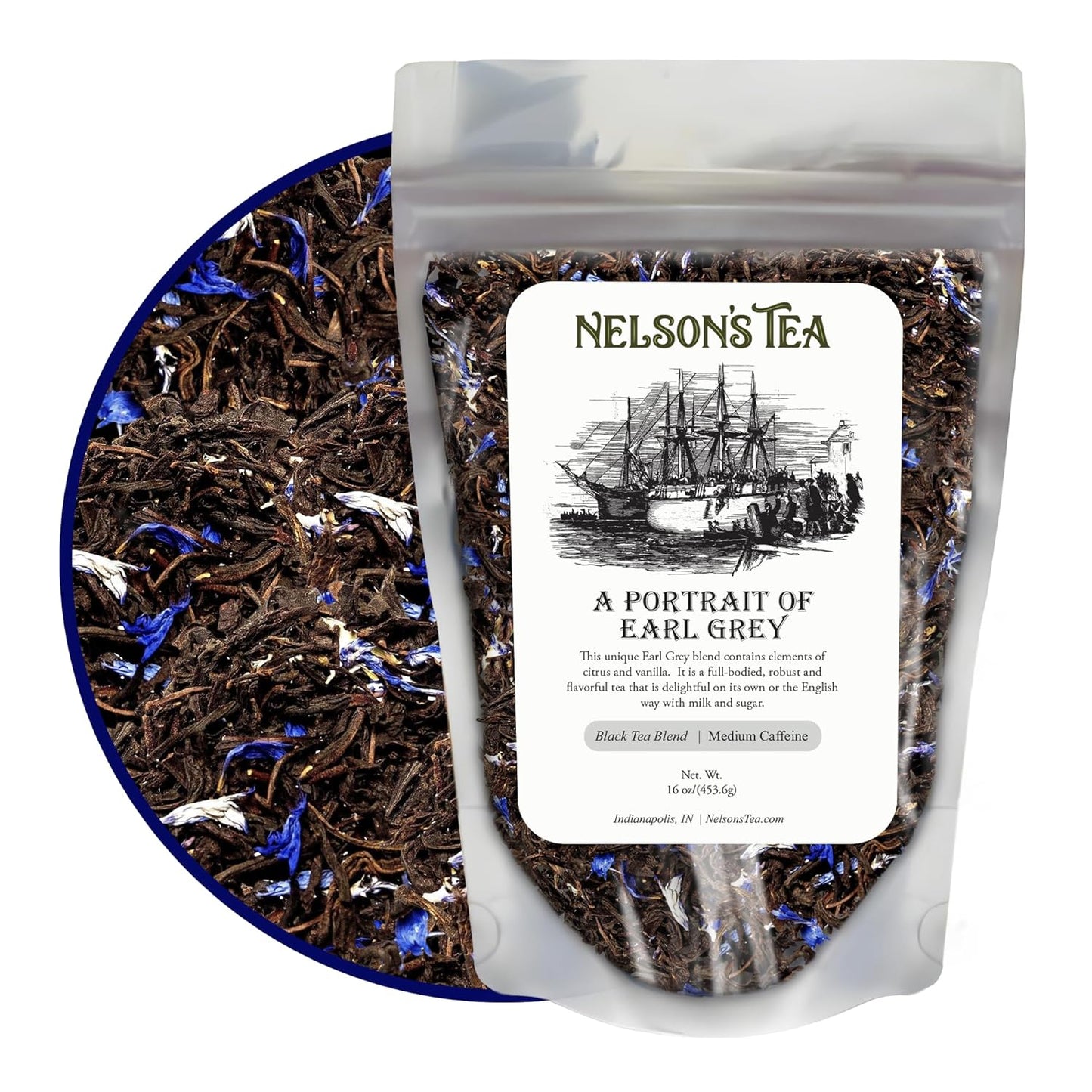 Nelson's Tea - A Portrait of Earl Grey - Exquisite Loose Leaf Black Tea Infused with Cornflower Petals & Bergamot Flavor - Premium Loose Leaf Tea Leaves - Perfect Blend for Tea Enthusiasts - 16 oz.