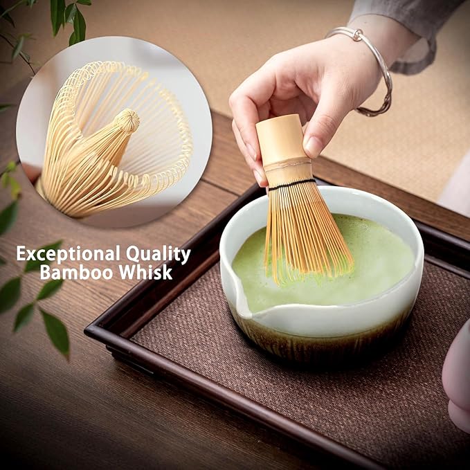 Matcha Whisk Set, Matcha Set, 6 Pieces, with Bamboo Whisk, Ceramic Bowl & Sifter Complete Matcha Powder Tea Includes Scoop & Spout Bowl