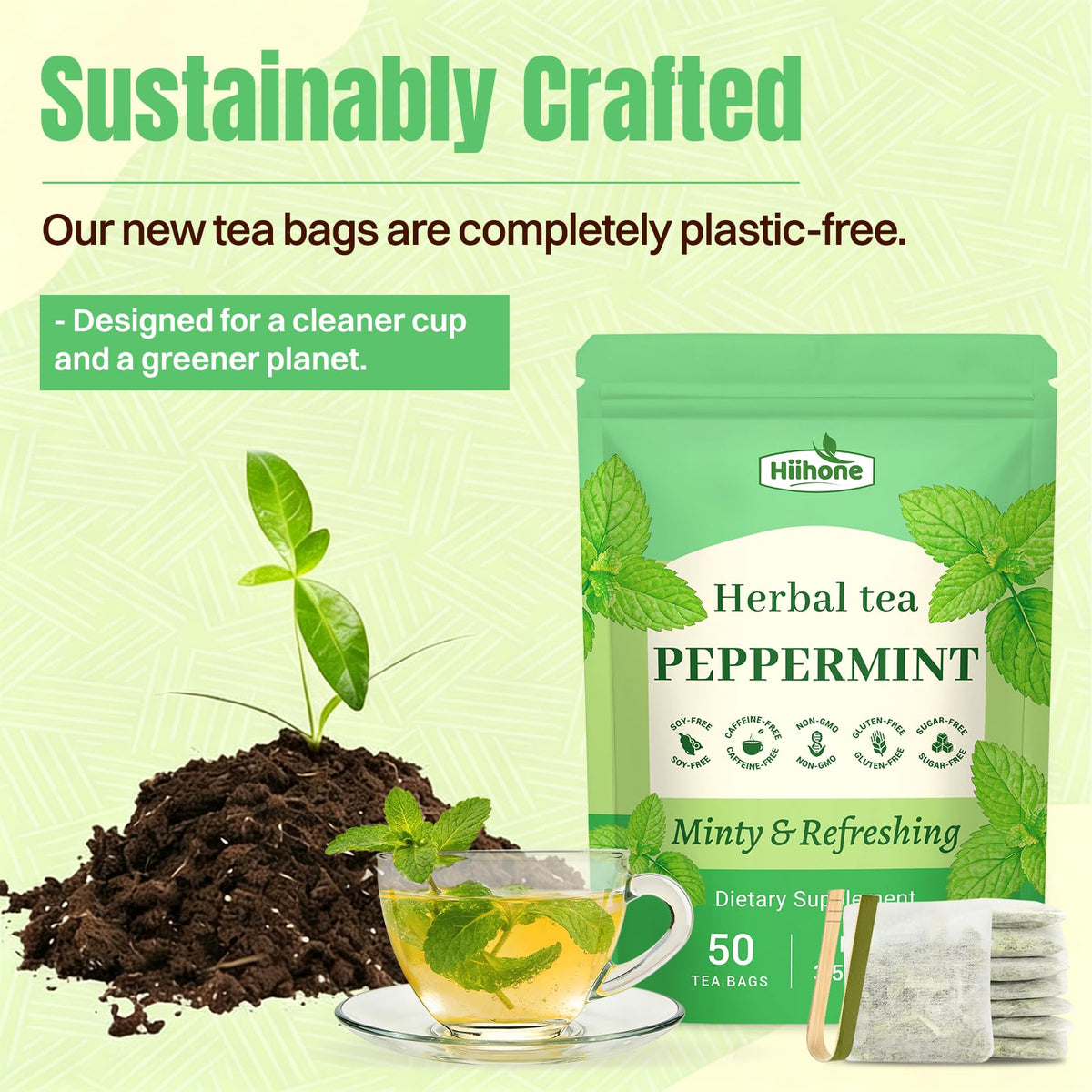 HIIHONE Peppermint Tea Bags 50 Count – Caffeine-Free Mint Tea, Refreshing Mint Tea