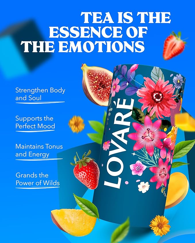 LOVARE Love Blossom Loose Leaf Tea 80 g - Black tea blend, Made in Ukraine - Dry Fig, Mango, and Strawberry Pieces, Safflower Petals, Passion Fruit & Mango Flavors - Tea Lovers Gift Box with 15 Paper Filters