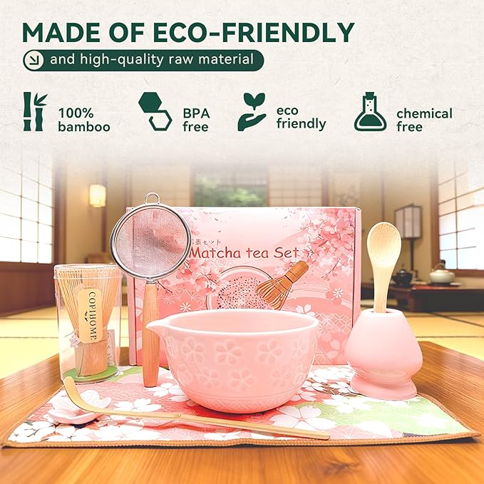 Sakura Matcha Whisk Set, 8 PCS Japanese-Style Matcha Kit with Cherry Blossom Matcha Bowl, Bamboo Whisk & Holder, Scoop, Spoon Rest