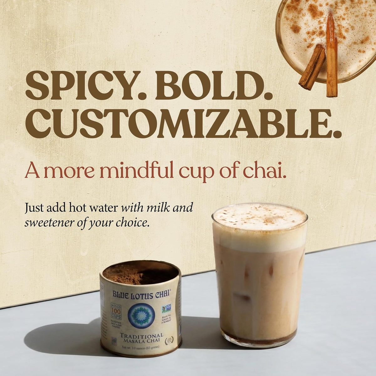 Blue Lotus Chai - Traditional Masala Chai - Makes 100 Cups - 3 Ounce Masala Spiced Chai Powder with Organic Spices - Instant