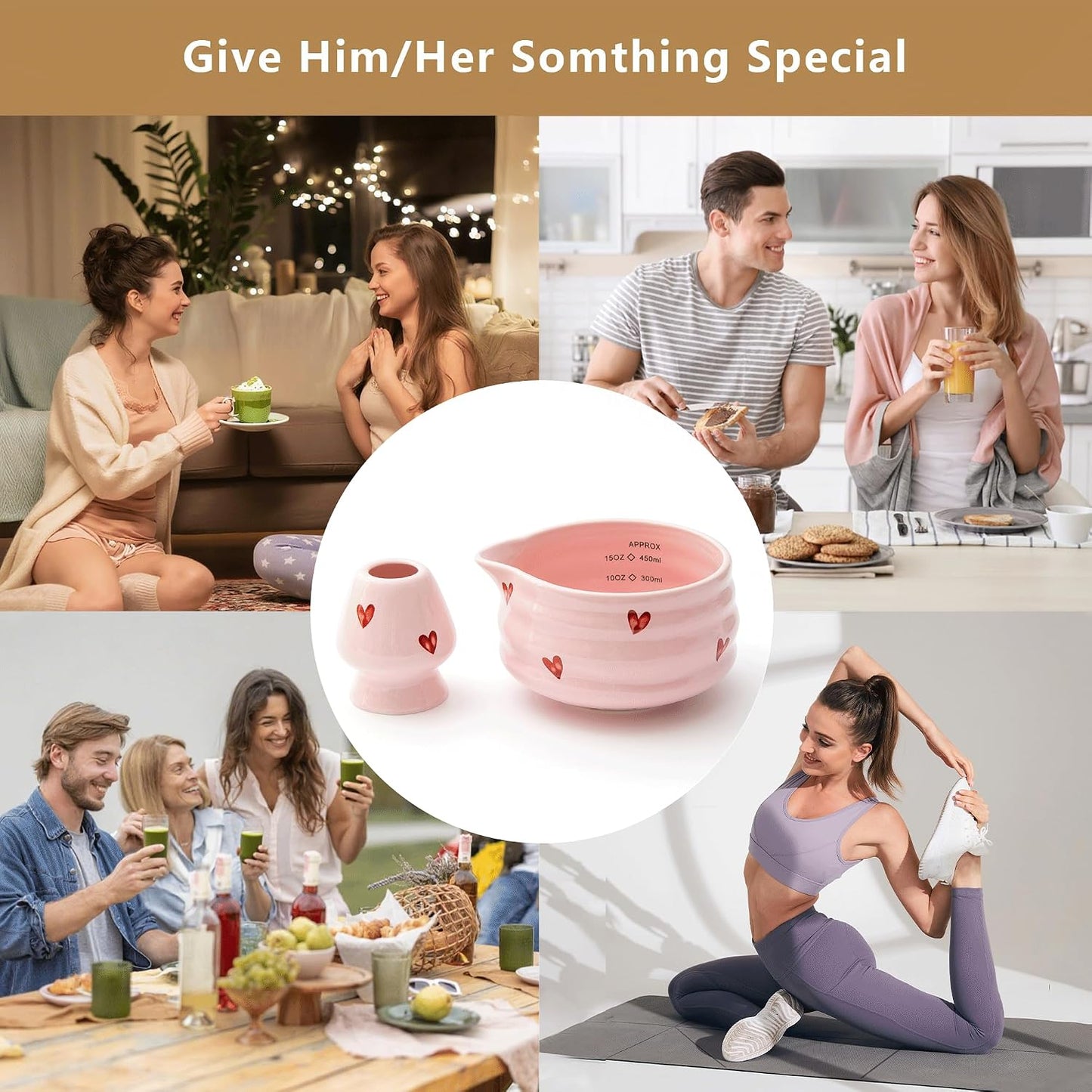 Ceramic Matcha Bowl with Bamboo Whisk Holder, Pink Love, Set of 2 | 16.5OZ Bowl with Spout and Measurement Marks, Japanese Tea Mixing Bowl with Whisk Stand, Matcha Gift Set, Ideal Gift Choice