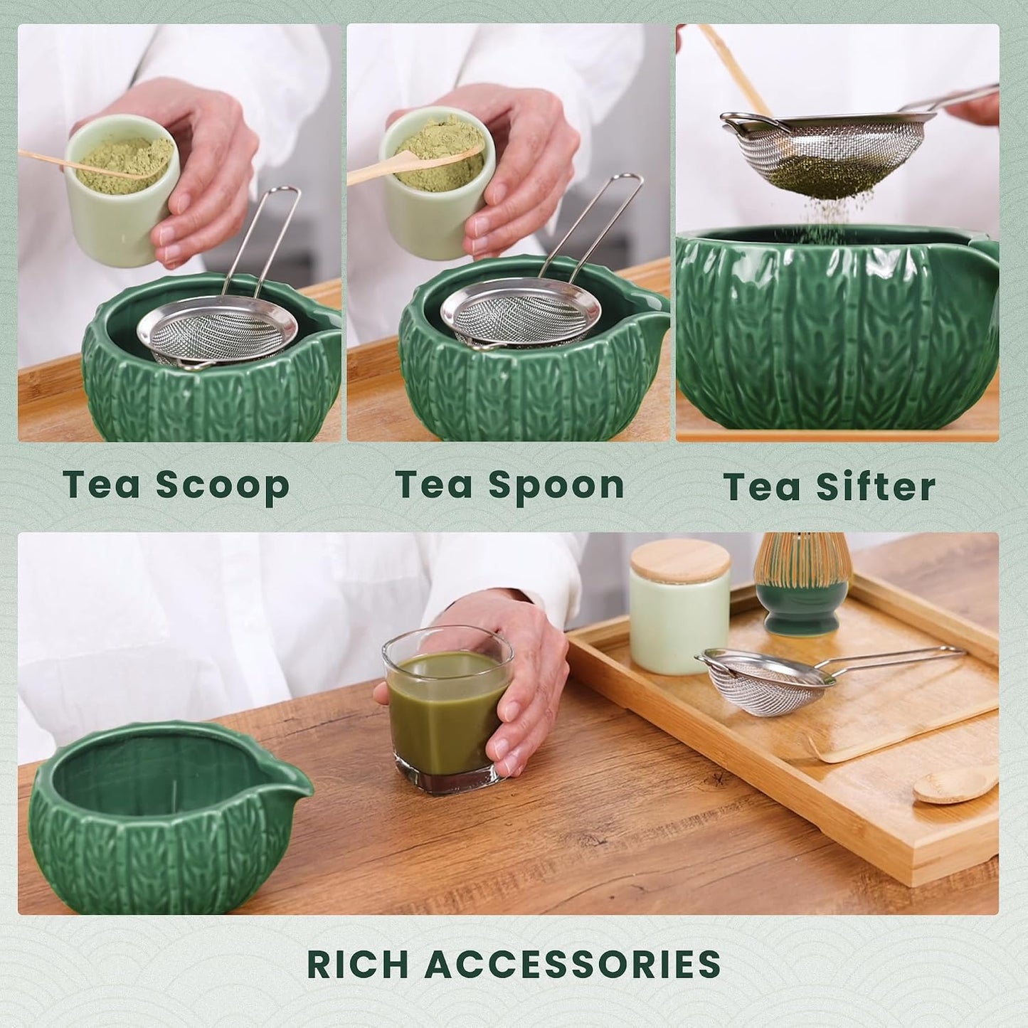 6-Piece Matcha Set, Matcha Whisk (Chasen) &amp; Holder, Matcha Bowl with Spout, Sifter &amp; Spoon, Bamboo &amp; Ceramic, Dark Green