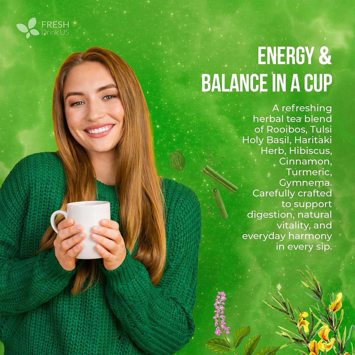 FreshDrinkUS, 30 Tea Bags Herbal Tea – Caffeine-Free Herbal Tea with Rooibos, Turmeric &amp; Hibiscus – Loose Leaf Blend for Daily Rituals and Clean Living – Vegan, No Additives