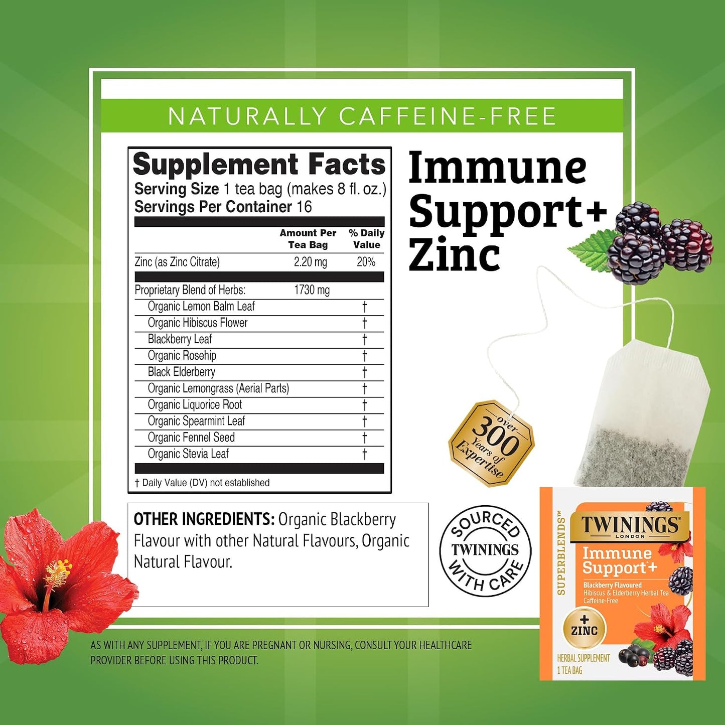 Twinings Immune Support+ Zinc Blackberry Herbal Tea Bags, 16 CT (1 Pack)
