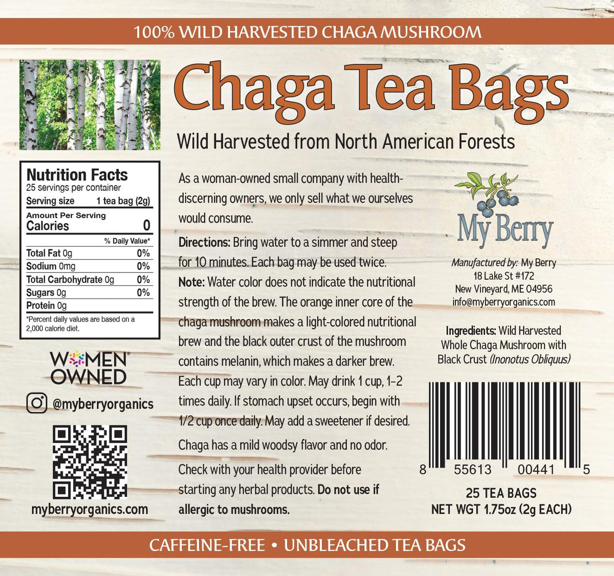 Chaga Tea Bags by My Berry | 100% Canadian Wild-Harvested- NEVER Siberian | 100% Additive-Free Caffeine-Free Herbal Tea | 25