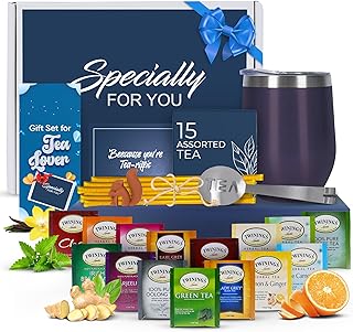 Tea Gifts for Women – Sampler Gift Basket with 15 Unique Blends, Honey Sticks, Stainless Tumbler & Gift-Ready Box (Blue/Blue box)