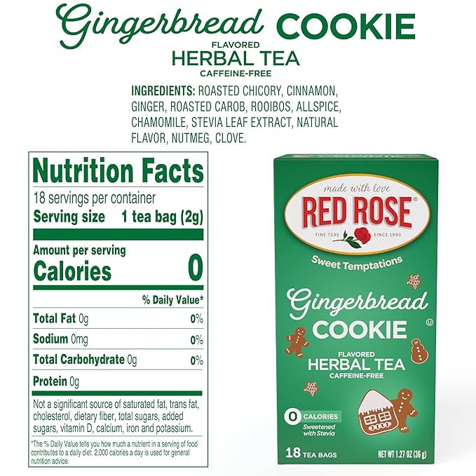 Red Rose Sweet Temptations Dessert Tea Gingerbread Cookie, Zero Carbs, Zero Sugar Bursting with Flavor Caffeine-Free Delicious Beverage Herbal Tea