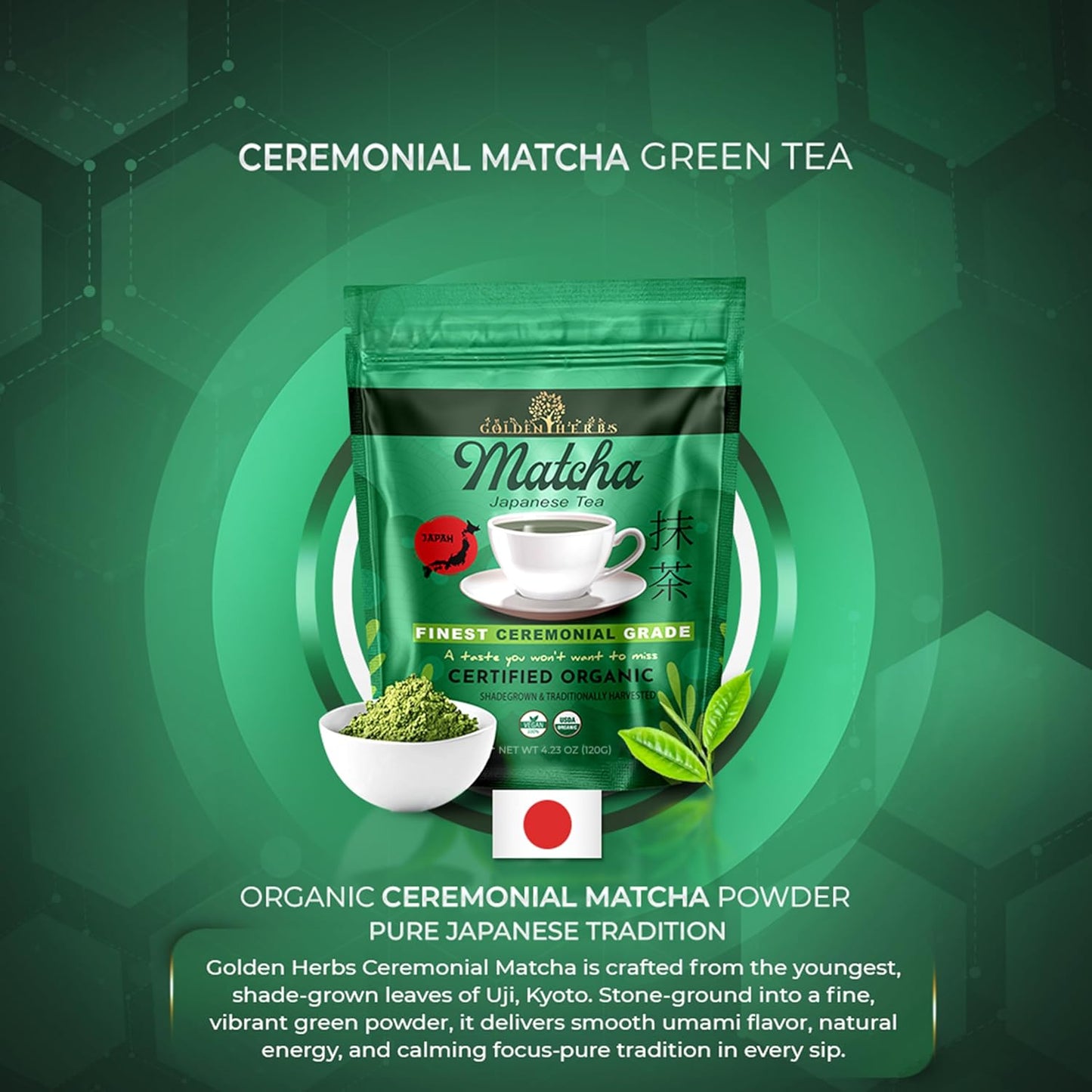 Golden Herbs Matcha Superior Ceremonial Blend Green Tea Powder from Uji, Kyoto, USDA Organic, Gluten-Free Vegan, 100% Pure Unsweetened, No Additivesm, Resealable Freshness Pouch (120 Grams, 4.23 OZ)