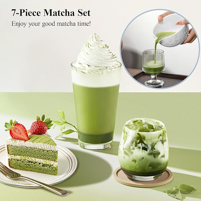 7 PCS Matcha Set Ceramic Matcha Making Kit, Bamboo Whisk, Bowl With Spout, Powder Starter Sifter, Ceramic Whisk Holder, Tea Towel, Scoop and Scoop Rest Matcha Whisk Set for Matcha Lover White