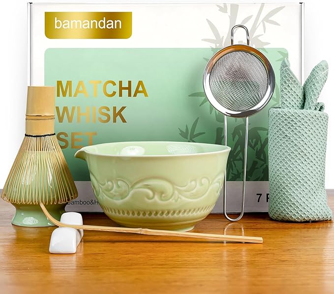 7-Pcs Matcha Whisk Set, Matcha Kit Set Includes Bowl With Spout, 100% Natural Bamboo Whisk, Japanese Ceremony Matcha Tea Making Tools - Ideal Gift Christmas, Birthday（Lucky Green）