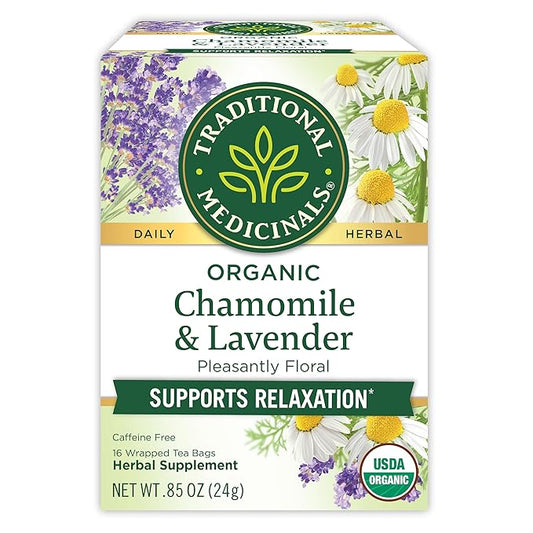 Traditional Medicinals Organic, Chamomile & Lavender - Chamomile Tea Supporting Stress Relief and Relaxation - Kosher, Non-GMO, Caffeine-Free, Compostable - 16 Tea Bags