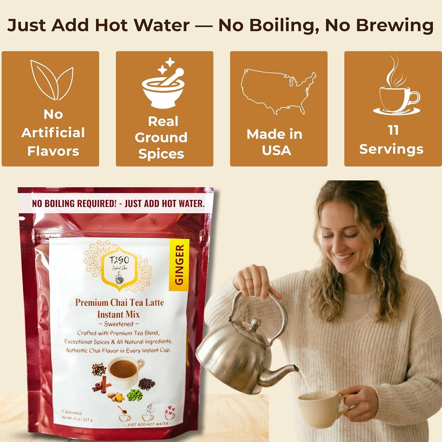 T2GO Instant Ginger Chai Latte Powder – Authentic Indian Chai Tea Mix | Low Sugar | Instant Chai Latte