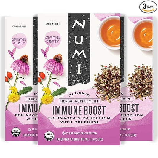 Numi Organic Immune Boost Tea, 16 Tea Bags (Pack of 3), Echinacea, Dandelion and Rosehips, Caffeine Free