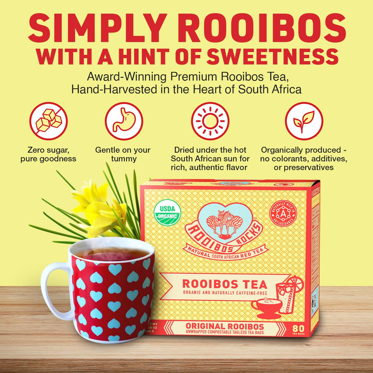Rooibos Rocks Organic Rooibos Tea Bags - Caffeine-Free, 80 ct | USDA Organic • Microplastic-Free Tagless Pillow Tea Bags • Naturally Mildly Sweet Flavor • Hot or Iced