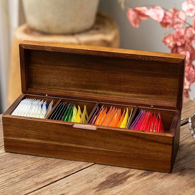 Acacia Wooden Tea Bag Organizers, Tea packet Storage Boxes, Tea Caddy for Tea Bags Chest, Teabag Holder Containers, Teabox Station Display