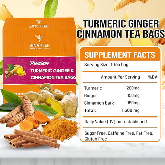 VINAREEN Turmeric Ginger Cinnamon Tea Bags - 50 Tea Bags - Premium Natural Blend of Ginger Root, Turmeric Root & Cinnamon [Handpick] - Te De Curcuma Jengibre Y Canela - Caffeine Free, Sugar Free, Vegan