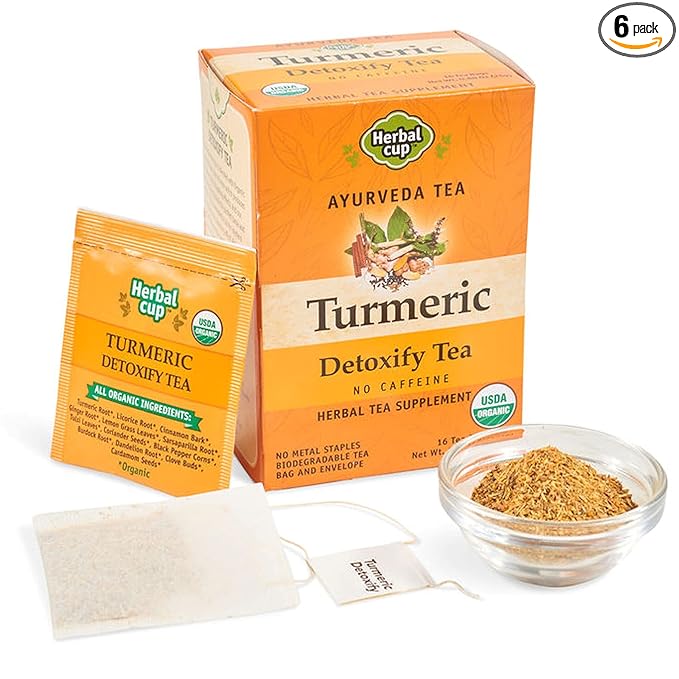 Herbal Cup Ayurveda Turmeric Tea, Organic Detoxify, No Caffeine Herbal Teas (Turmeric Detoxify, 16 Count (Pack of 6))