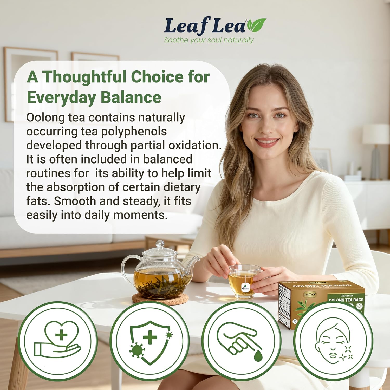 LeafLea 40 Oolong Tea Bags, 100% Oolong Tea Leaves, Smooth Warm Aroma with Light Toasted Notes, Te Oolong for Daily Wellness Focus, Natural Caffeine, Sugar-Free, Individually Wrapped Freshness