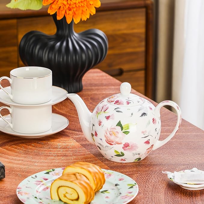30oz Porcelain Teapot, Floral Design Ceramic Tea Pot for Loose Leaf & Bagged Tea, Classic 3-4 Cups Teapot for Daily Use & Special Occasions