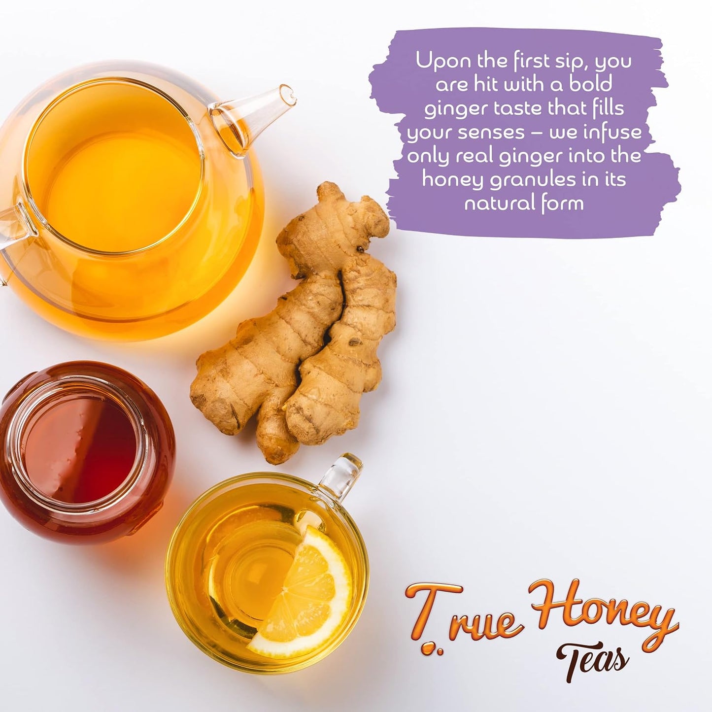 True Honey Lemon Ginger Tea Bags - Honey Crystals Blended in Every Sachet - Healthy Digestion Nourishment - All Natural Organic Herbal Caffeine Free Tea Bag 24 Count